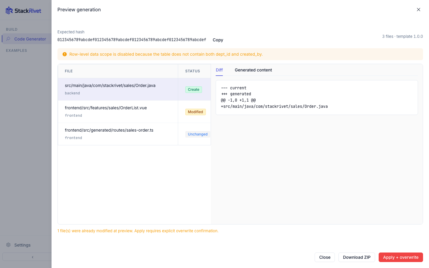 StackRivet generator preview showing an immutable bundle hash, file diff, data-scope warning, ZIP download and explicit apply controls